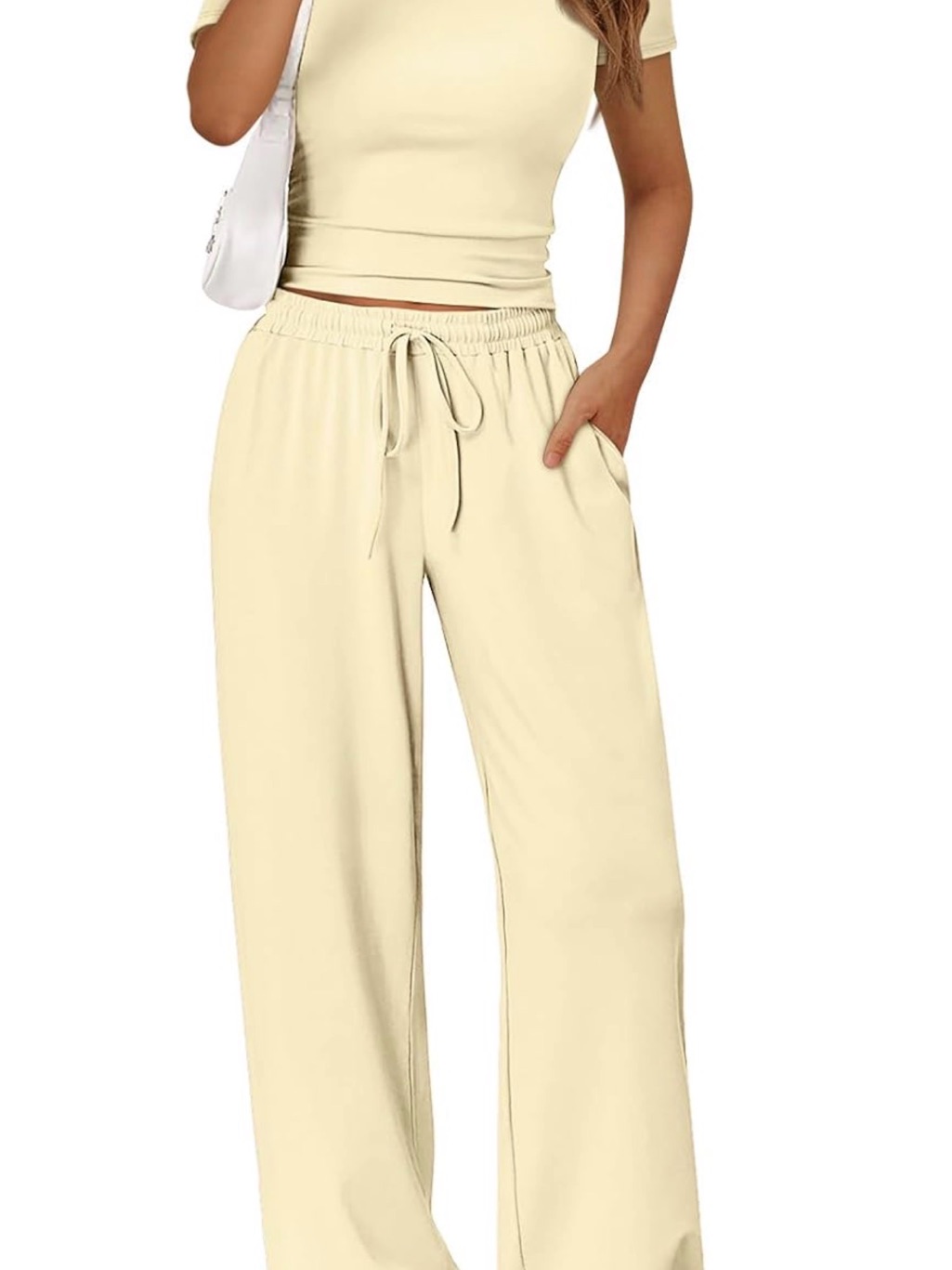 Women's Wide Leg Drawstring Pants Set - Cream